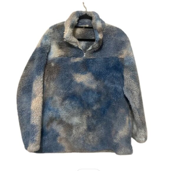 Peach Love LIKE NEW blue/tan cozy sherpa 1/4 zip pullover teddy jacket size L - Picture 1 of 4